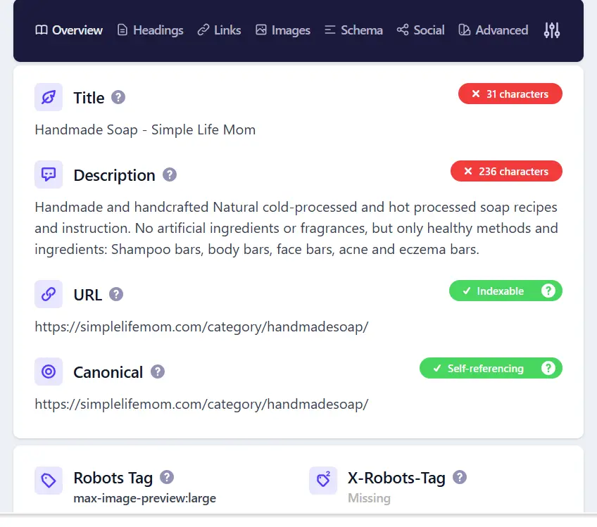 Rank Math SEO analysis showing on-page optimization checks for handmade soap website audit