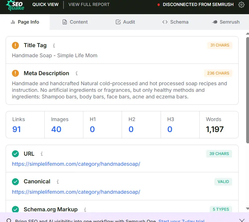 Meta title and description optimization check from handmade soap website SEO audit