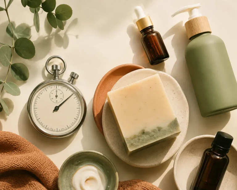 Stopwatch beside handmade soap bar representing website loading speed