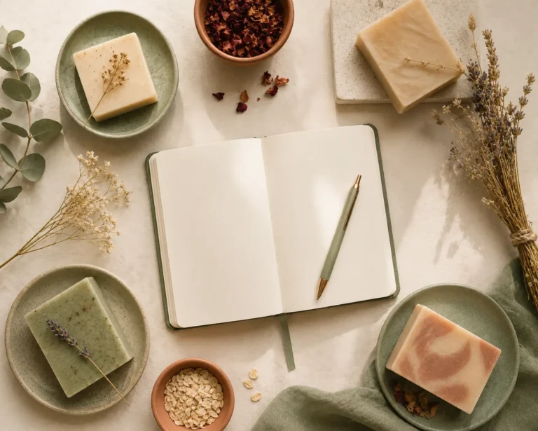 Notebook and pen beside handmade soap bars representing product description writing