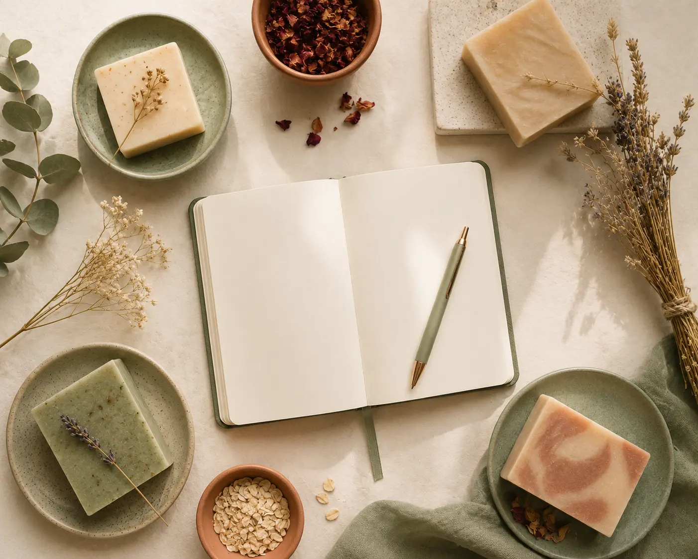 Notebook and pen beside handmade soap bars representing product description writing